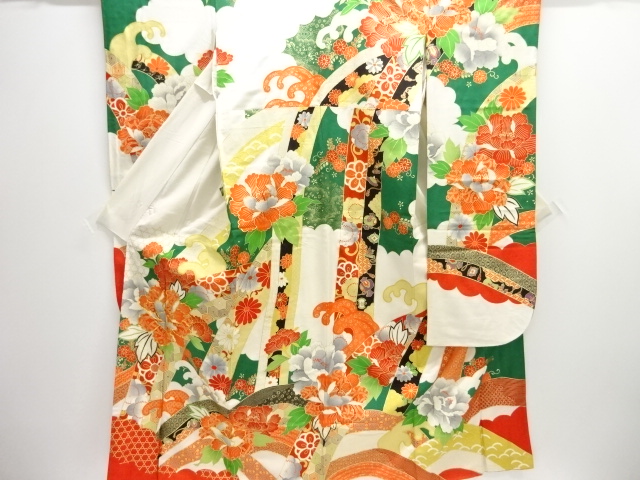 JAPANESE KIMONO / ANTIQUE FURISODE / SILK / EMBROIDERY / PEONY & WAVE